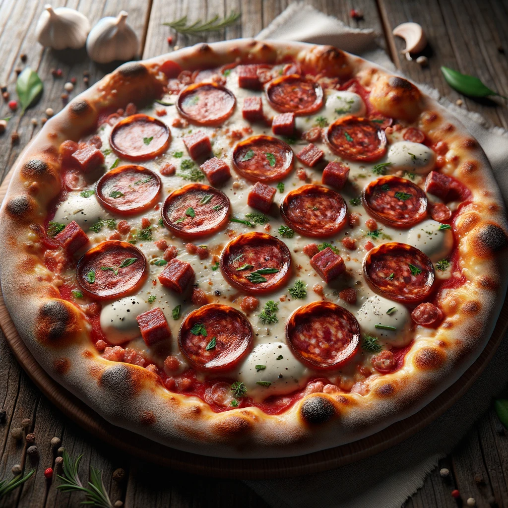 DALL·E 2023-10-11 21.16.19 - Highly detailed realistic image of a pizza topped with slices of chorizo, mozzarella, and herbs, sitting on a wooden table with a rustic vibe. The edg